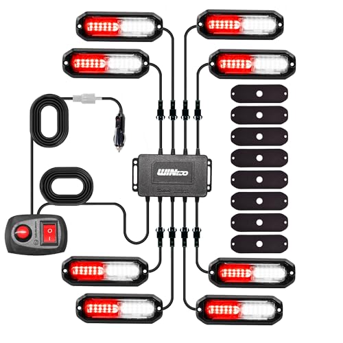 WINECO 8PCS LED Strobe Lights 12V Sync Feature Red White 12LED Emergency Hazard Warning Lights with Strobe Controller for Trucks Vehicles ATV RV Cars Van