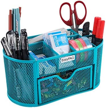 EasyPAG Desk Organizer Mesh Desktop Office Supplies Multi-functional Caddy Pen Holder Stationery with Drawer,Blue