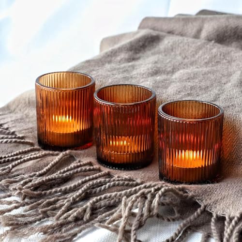 Vohocandle Set di 12 portacandele marroni, portacandele a coste per decorazione da tavola per matrimoni, portacandele votive per feste e vacanze