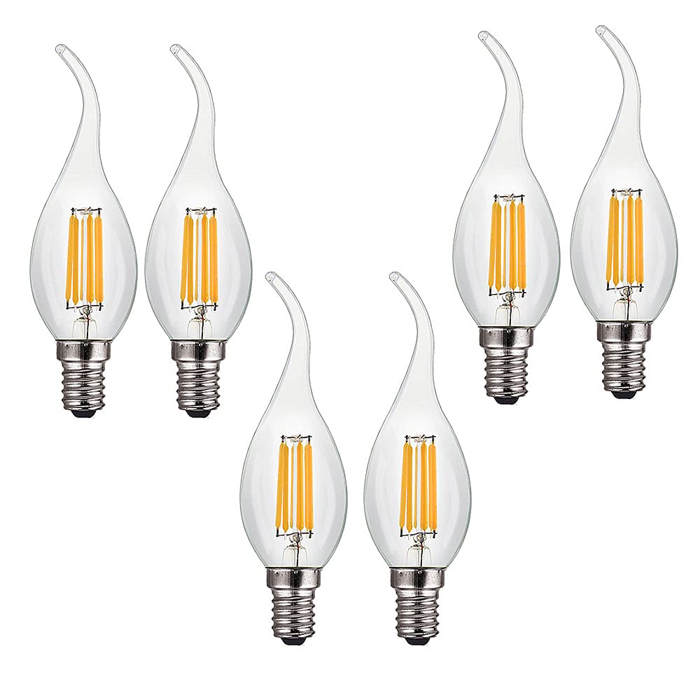 Zyujia Light/White 6W E14 Dimmable Led Candle Bulb(Equivalent To 60W)6 Packs C35 Led Filament Bulb 600Lm 2700K Warm Vintage Filament Energy Saving Candelabra Lamp