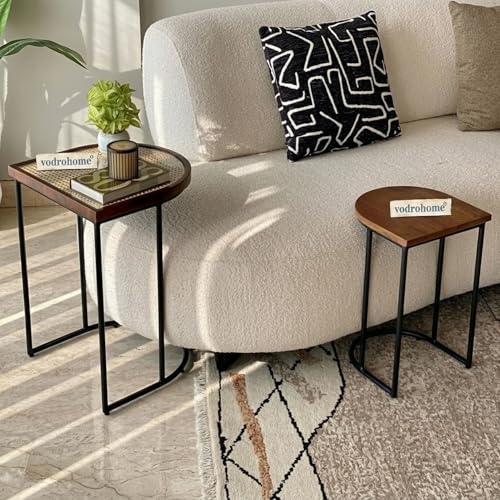 Image of Charcoal Rattan Cane Side Table with Glass top - Bohemian Solid Mango Wood Cane Iron Sofa Side end Table - Wood and Cane Nesting Table S#047 (Honey)