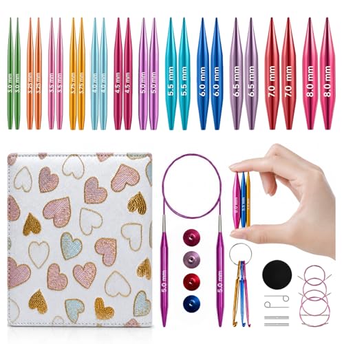 Image of Froggod 2-Inch (5.5cm) Short Interchangeable Circular Knitting Needles Set | US 2.5-11 (3.0-8.0mm) | 12-Pair Aluminum Short Needles | 4 Cables(6 inch, 8 inch, 12 inch, 22 inch) & Case for Socks, Sleeves & Small Knits