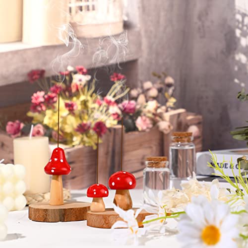 3 Pcs Mini Mushroom Incense Holder Decors Set Red Spot Mushroom Insencents Holder With 2 Pcs Rustic Wood Slices Tray Cute Incense Stick Holders Mushroom Decor Aesthetic Gift For Mother Friends Family #TOP2