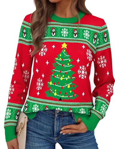 Jezonga Jerséis Navidad Mujer Jersey Navideño Suéter de Navidad Punto de Manga Larga y Cuello Redondo Regalos Rojo, M