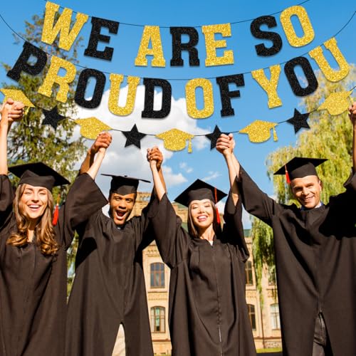 Image of Graduation Decorations 2026 - Black Gold Congrats Grad Party Supplies Include Glitter We are So Proud of You Banner, Hanging Swirls and Honeycomb Centerpieces for Photo Toppers