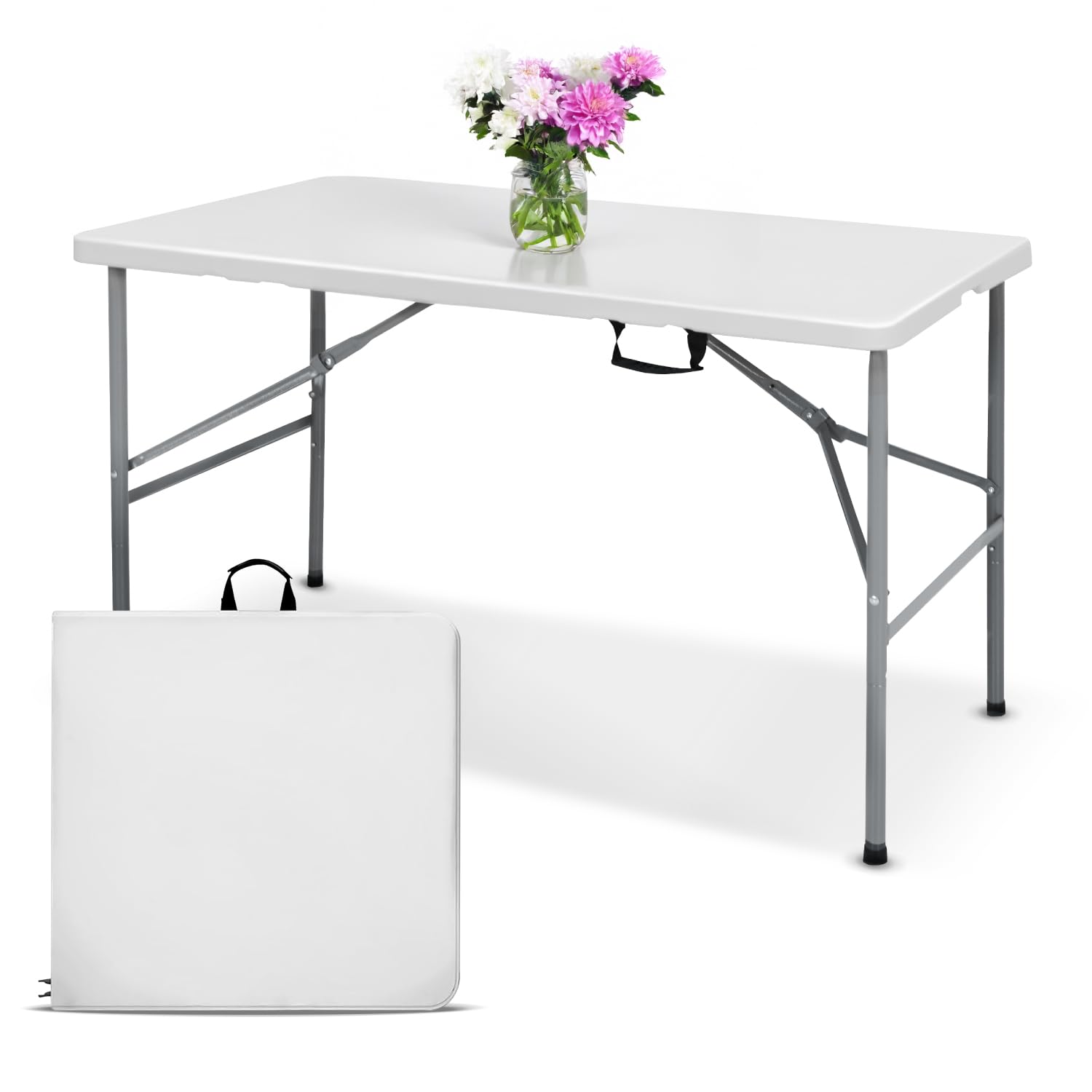 Weißer, robuster Klapptisch (120 cm) mit Griffen | Tragbarer Tisch für drinnen und draußen, ideal für Veranstaltungen, Camping, Partys, Essen etc. | Multifunktional, stabil, langlebig und le