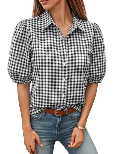 Image of Tankaneo Women's Button Down Shirts Short Puff Sleeve Collared Dressy Casual Blouse Tops