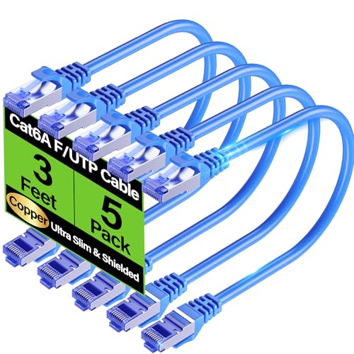 Image of Cat6A Ethernet Cable Shielded 10Gbps 3 ft (5 Pack), Slim Shielded (F /UTP) Ethernet Cable Cat 6, Flexible 28AWG Bare Copper Cat6 Cable, Space-saving Cat 6a Network Cable for Server, Data Center, Blue