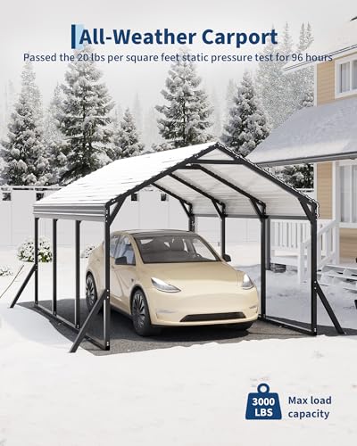 Image of Garvee 10x15x9 ft Metal Carport, Car Port with Reinforced Frame and Steel Roof for All-Weather Use, Permanent Shelter for Sedans, SUVs, or Boats