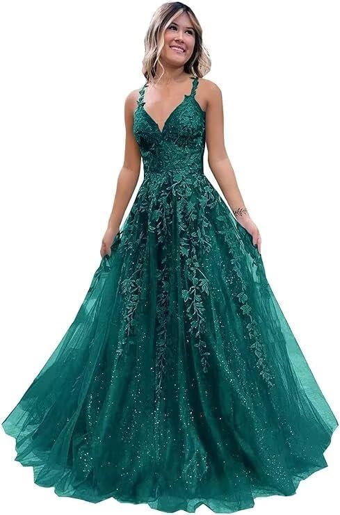 BITALY Women's V Neck Lace Long Prom Dresses 2025 Tulle Ball Gown Formal Evening Dress for Teens BI007