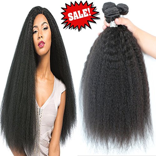 Fengde Hair 3 bundles brazilian yaki straight hair extensions human hair weave kinky straight virgin hair unprocessed virgin brazilian hair weave bundles (16 16 16)
