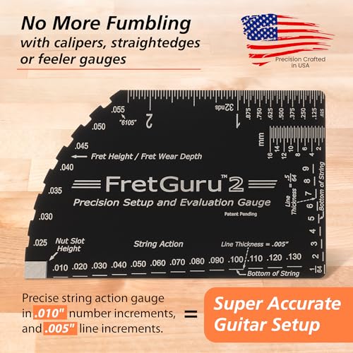 fretguru string action gauge guitar fret ruler precision fret rocker precise cnc machined diamond honed polished edge guitar string height gauge luthier tool with thick leather case