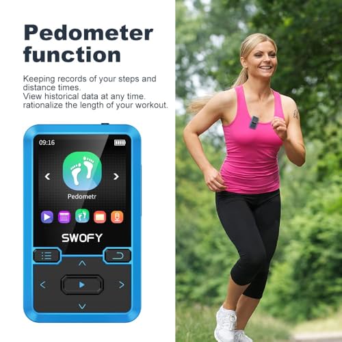 Image of 32GB MP3 Player with Bluetooth 5.0 - Portable Clip Music Player with FM Radio, Voice Recorder, Pedometer, Mini Design Ideal for Sport, Earphones Included Blue