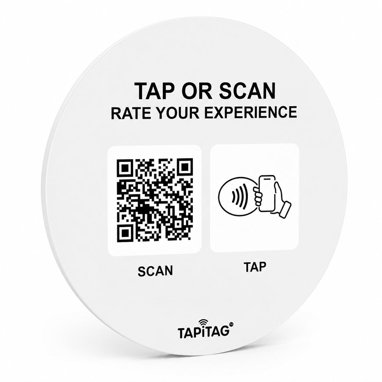 TAPiTAG Smart Business Hub – Tap or Scan to Access Your Business Info (Reviews, Menu, Socials, Bookings & More) – Contactless Display Sign with NFC, QR & Customisable Profile (White, PVC, 120mm)
