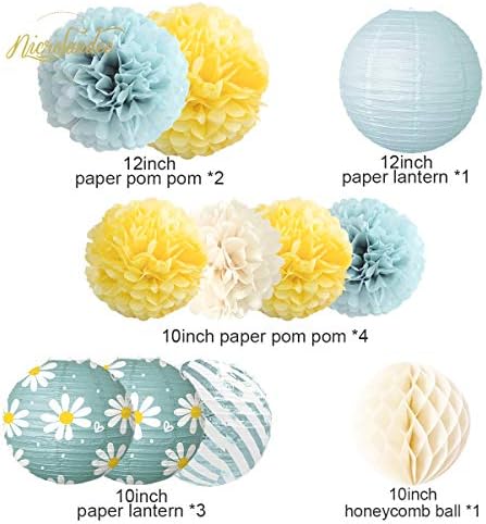 NICROLANDEE 12Pcs Baby Blue Yellow Tissue Pom Poms Daisy Shape Confetti for Birthday, Baby Shower, Daisy Party, Garden Party, Wedding, Engagement, Bridal Shower, Easter Party Decorations