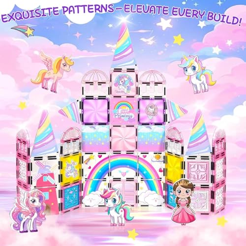 Image of 50 PCS Magnetic Tiles Princess Castle Building Set for Kids | Window Art Magnetic Blocks with Figures & Unicorn | STEM Educational Construction Toy for Girls Boys Age 3+
