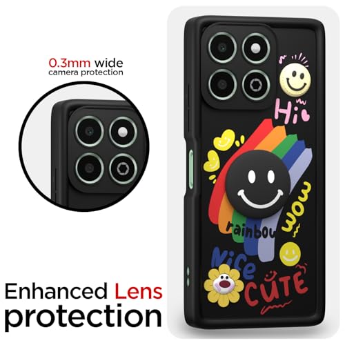 Image of Pikkme Back Cover for Honor X6b | Soft Silicone| Cute Rainbow Smile & 3D Cartoon Flower Design | Shockproof Raised Camera Protection Bumper Case (Black)