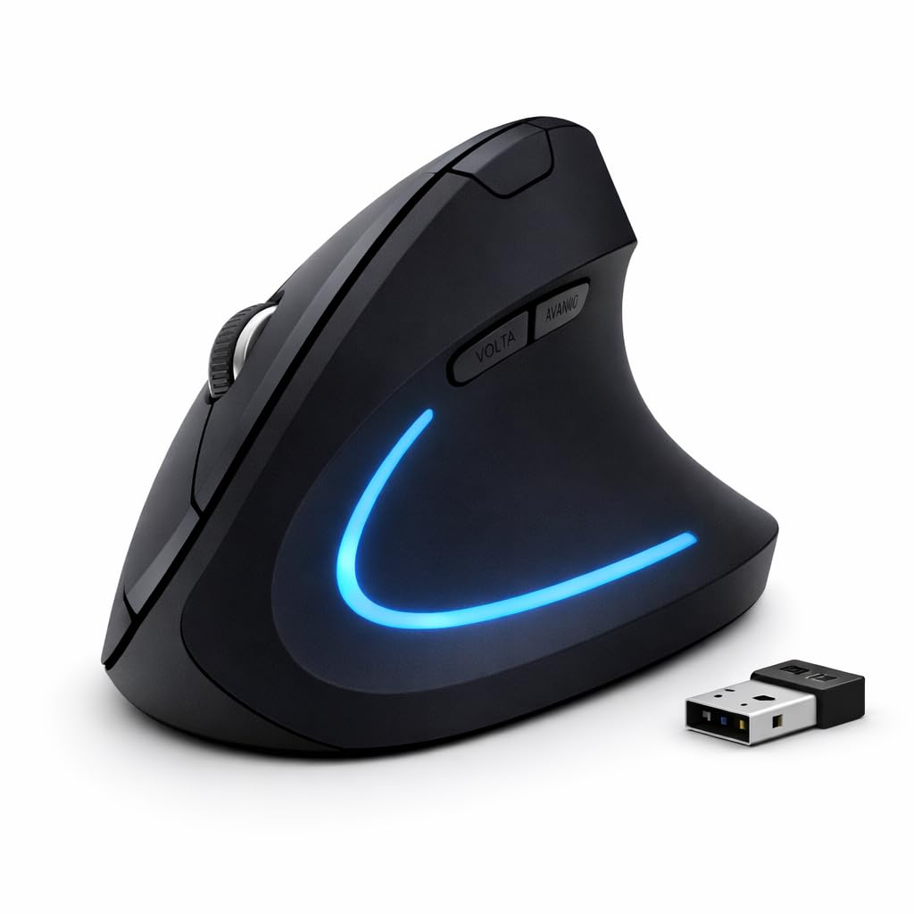 Mouse Vertical Ergonômico Sem Fio 2.4GHz, Preto, Cliques Silenciosos, DPI Ajustável,