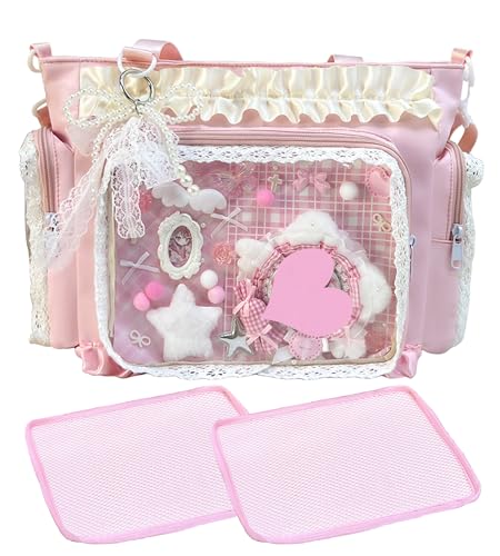 Ecohaso Ita Bag with 2 Inserts Clear Window Display Tote Bag for Badges Pins DIY Anime Cosplay Crossbody Shoulder Bags (Pink)