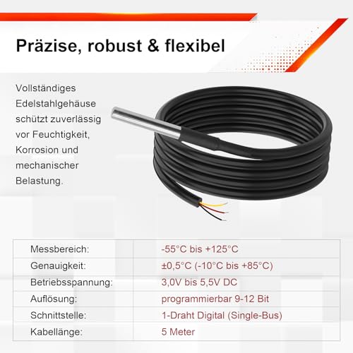 AYWHP Temperatursensor 5 m Kabel Wasserdicht Temperaturfühler Digitaler Edelstahl Temperatursensor temperaturfühler kompatibel mit Arduino und Raspberry Pi（6 Stück）