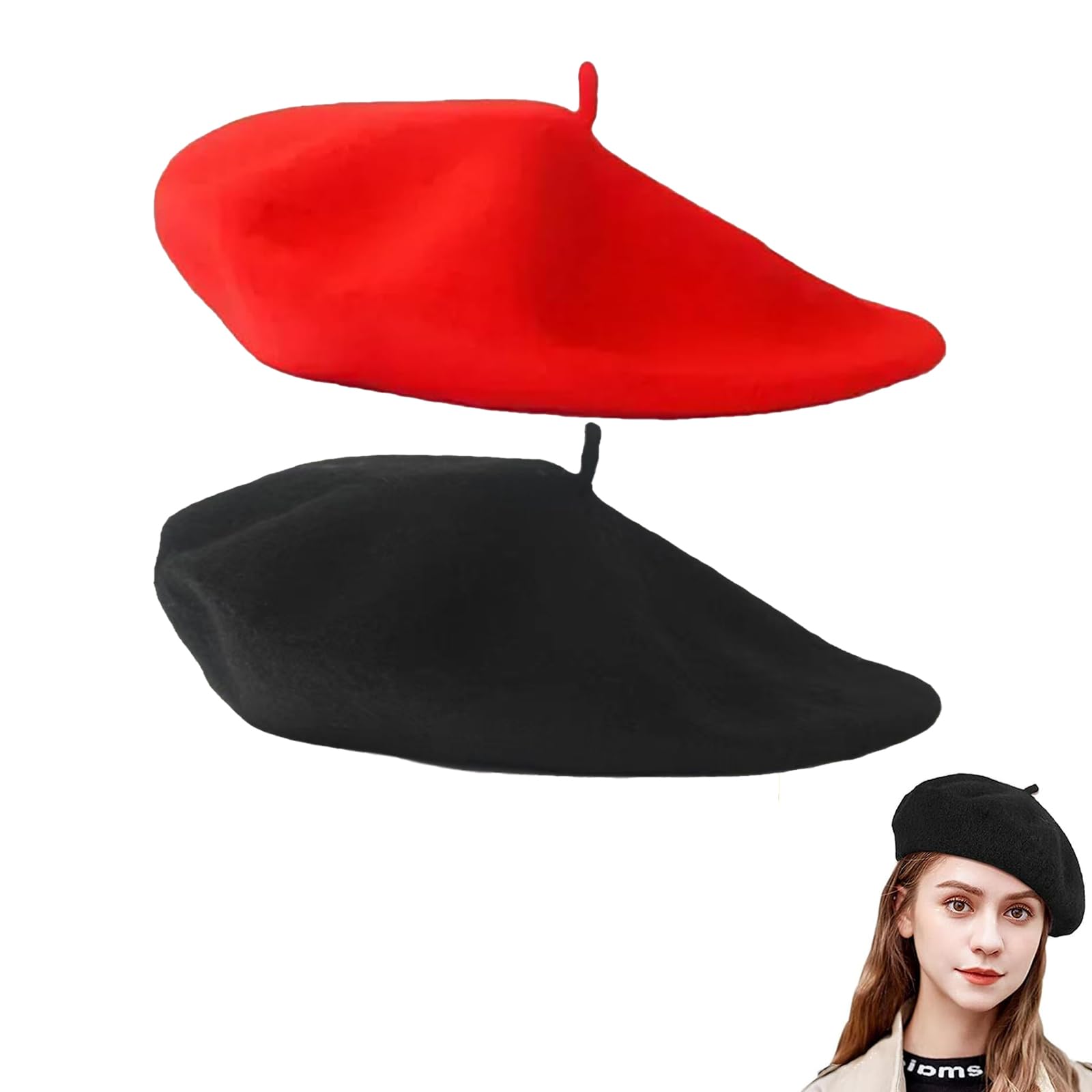 2 PCS French Beret for Women and Men - Classic Style, Warm and Fashionable Headwear for Fall and Winter, Vintage Artist Hat (Black, Red)