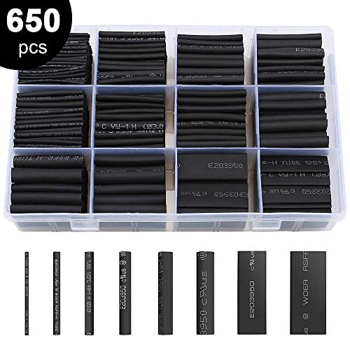 Heat Shrink Tubing 650pcs LIBERRWAY Heat Shrink Tubes Black Ratio 2:1 Insulation Protection Flame Retardant Heat Shrink Sleeving Wrap Car Electrical Cable Wire Kit Set in a Clear Plastic Box 8 Size