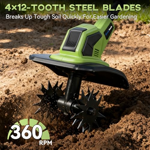 EnduTools Cordless Tiller Cultivator - 21V 360RPM Electric Garden Tiller with 2 * 4.0Ah Batteries & Fast Charger, 9In Tilling Width and 6.7In Depth, Tiller for Gardening, Lawn, Soil