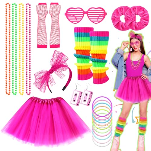 22 Pcs 80s Fancy Dress for women, 1980s Retro Costume Outfits Accessories Set Includes Tutu Skirt Necklace Leg Warmers Gloves Earrings Lace Headband Glasses Bracelets Hair Ties for 80s 90s Neon Party