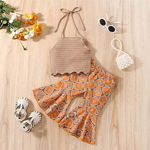 Baby Girls Summer Outfits Bell-Bottom Clothes Sleeveless Halter Tops Flared Pants Set (Khaki, 18-24 Months) #TOP2