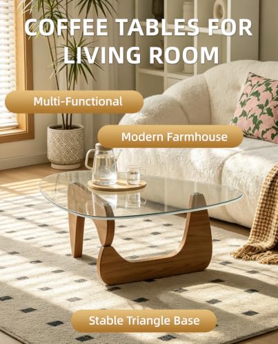 telkener Mid Century Modern Coffee Table, Center Table for Living Room, Offices, Triangle Tempered Glass Top and Solid Wood Base, Easy Assembly, Walnut, 44.8" x 32.2" x 16.1" — view 2