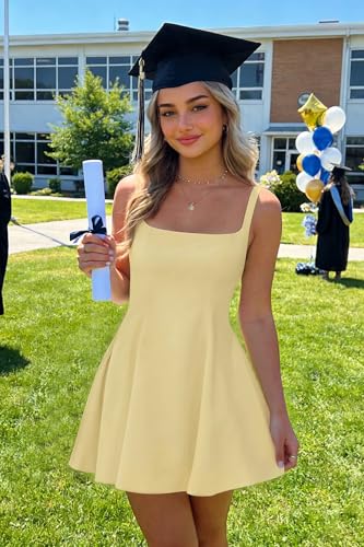 Image of Womens Square Neck Mini Dress Sexy Sleeveless Adjustable Straps Summer Cute A-Line Short Prom Cocktail Party Dresses
