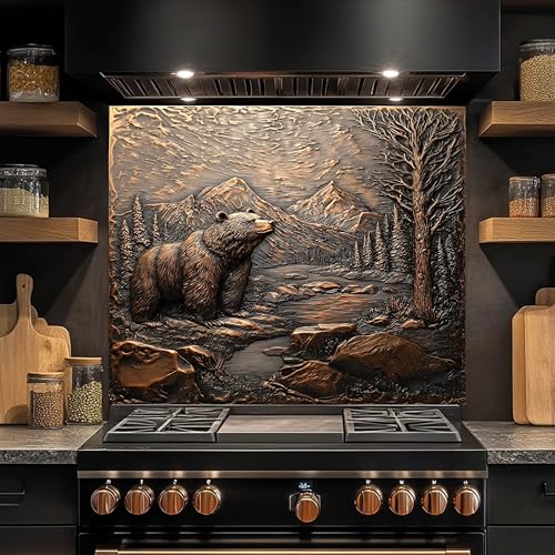 Bear in Mountain Landscape Kitchen Backsplash, Tempered Glass Backsplash, Heat Resistant Backsplash for Kitchen Wall, Glass Back Splash Stick on Tiles for Kitchen, Easy to Clean Stove Backsplash