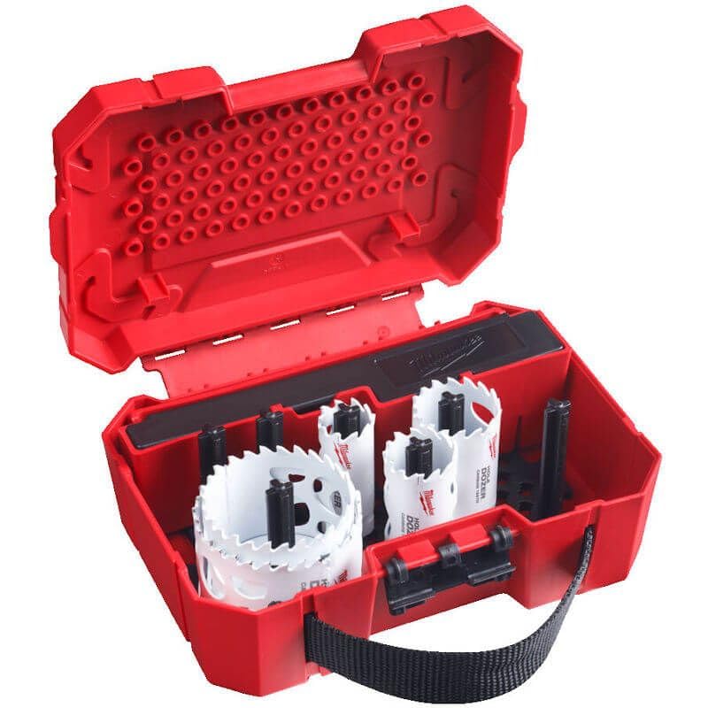 Estuche de 10 piezas 25, 32, 40, 54, 68, 76mm 1x Adaptador 14-30mm (Ref. 49567010). 1x Adaptador 32-152mm (Ref. 49569100). 2x brocas piloto Llave allen