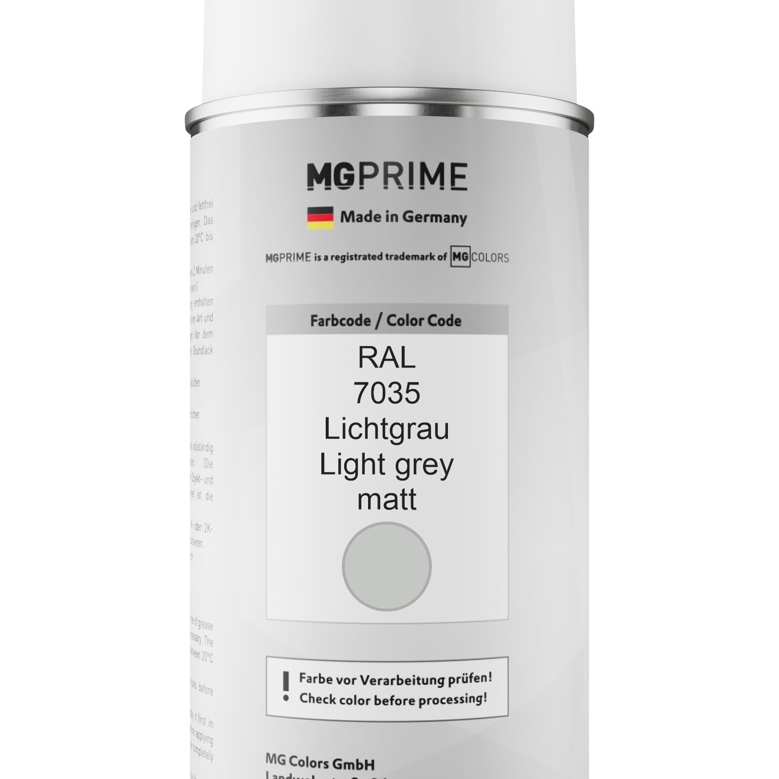 MG PRIME RAL 7035 Lichtgrau Spraydose, 400 Ml, Matt, Schnelltrocknend – Acryllack In Profiqualität, Made In Germany