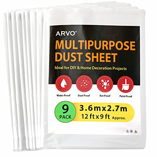 ARVO 9 Pack Extra Large Plastic Dust Sheets for Decorating - 3.6m x 2.75m (12ft x 9ft) Waterproof Polythene for Painting Furniture Floor Protection Ideal with Paint Coveralls