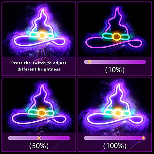 Image of Halloween Witch Neon Sign - IMEGINA Dimmable Wizard Hat Neon Signs for Wall Decor 13.3x11.8 Inch, USB Powered LED Neon Light for Bedroom Party Decor Kids Game Room Bar, Purple