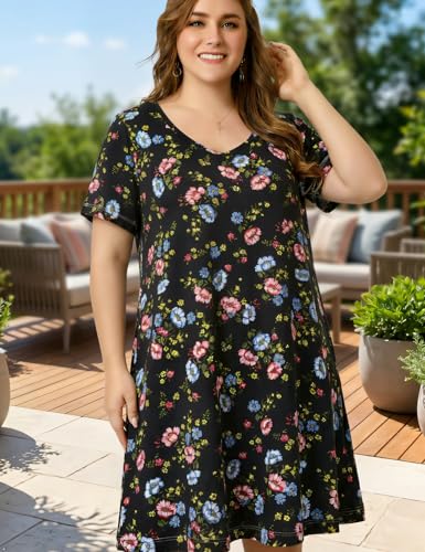 Image of OVERWORETY Womens Short Sleeve Plus Size T-Shirt Dress V Neck Casual Loose Swing A-Line Summer Tunic Dresses with Pockets