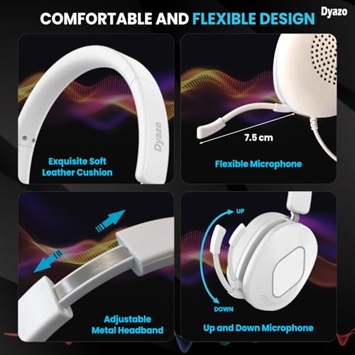 Image of Dyazo 3-in-1 Wired Headset with Mic | Active & Environmental Noise Cancellation | USB, Type-C & 3.5mm Connectivity | Volume & Mute Controls | On-Ear Headphones for PC, Laptops & Mobile Phones (White)