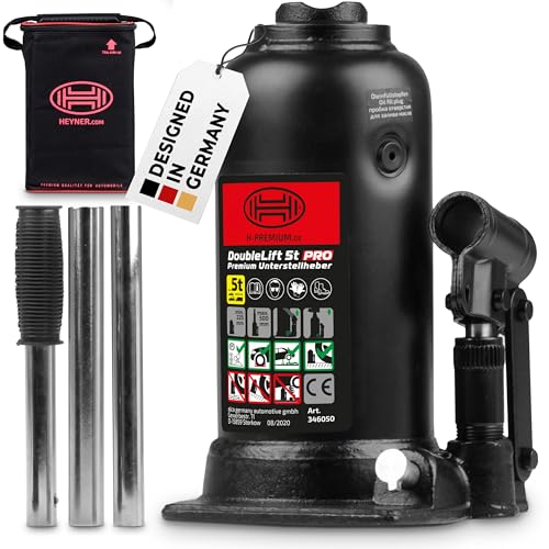 HEYNER® Hydraulischer Unterstellheber 2-stufig I DoubleLift 5t PRO I Stempelwagenheber aus Stahl I Hubhöhe 225–500 mm I Autoheber für SUV Transporter Wohnmobil I inkl. Tasche & Gummigriff