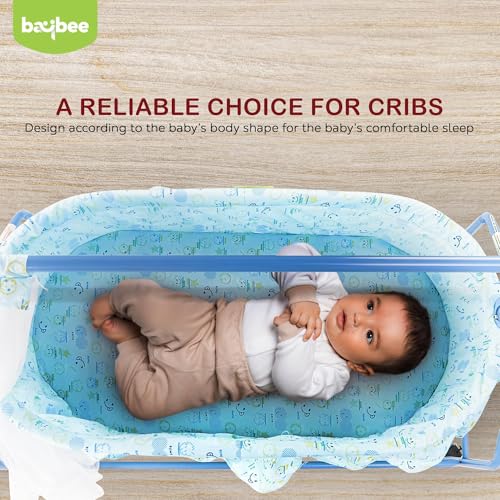 Image of BAYBEE Clora Baby Cradle and Swing with Mosquito Net (Enchant Lite Blue) | Jhula Palna for Newborns | 360 Rotating Lockable Wheels & Storage Basket