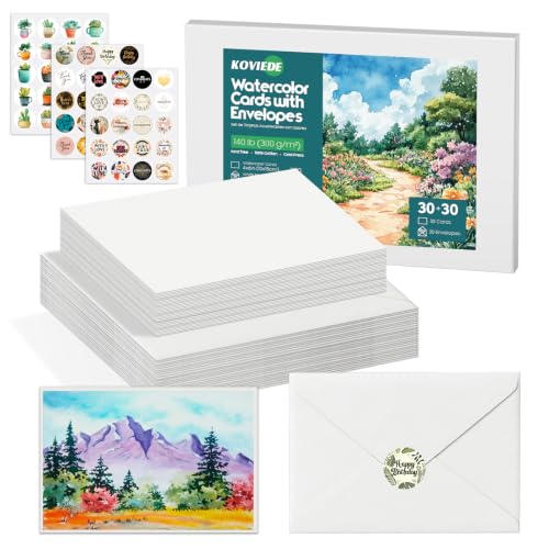 KOVIEDE 30 Pack Blank Watercolor Cards with Envelopes 4 x 6 Inch - 140lb/300gsm 100% Cotton Non-Folded Watercolor Paper for Wedding Invitations Birthday Cards Thank You Notes & DIY Art Projects
