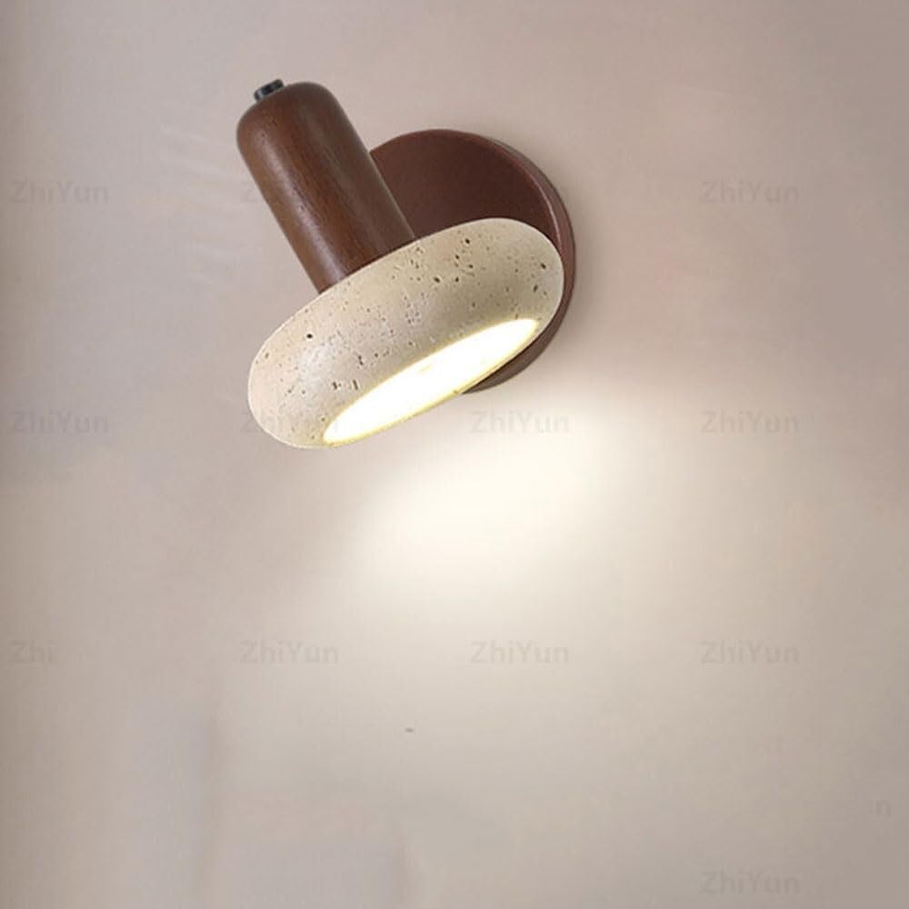 TONFON Japanese Marble Wall Lamp Wooden Wabi Sabi Wall Sconce Yellow Travertine Indoor Lighting Wall Mounted Lamp for Bedroom Bedside Living Room Study Room Corridor Entryway Restaurant(Walnut color)