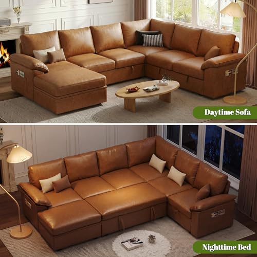 Image of 108 Inch Faux Leather Modular Sectional Sofa with Pull Out Bed,U Shaped 7 Seat Sectional Sleeper Sofa with Storage,Sectional Couches for Living Room,Cloud Modular Couch,Brown Leather