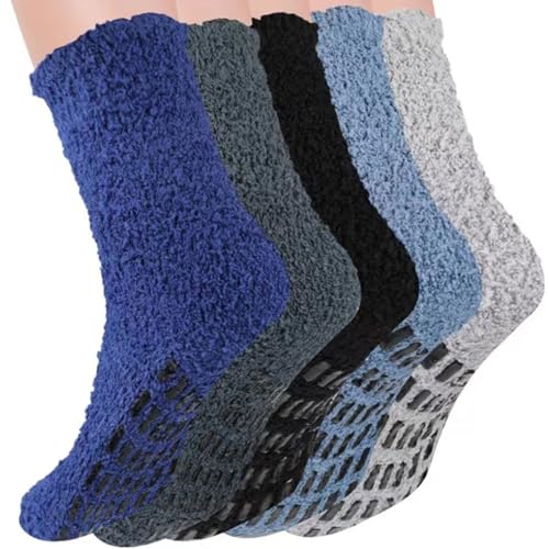 Mens Slipper Fluffy Socks, MH MOIHSING 5 Pairs Bed Cosy Warm Thermal Socks for Men with Grippers, Winter Fleece Slipper Socks Hospital Cozy Comfy Fuzzy Socks Non-Slip Thick for Home Sleeping