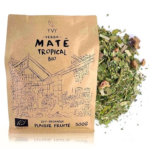 YVY Mate Yerba Mate Bio Tropical 500 g | Mate orgánico justo y sin humo | Sin tallo | Mate suave, afrutado y tonificante | Ideal para consumo diario | Bebida afrutada energizante
