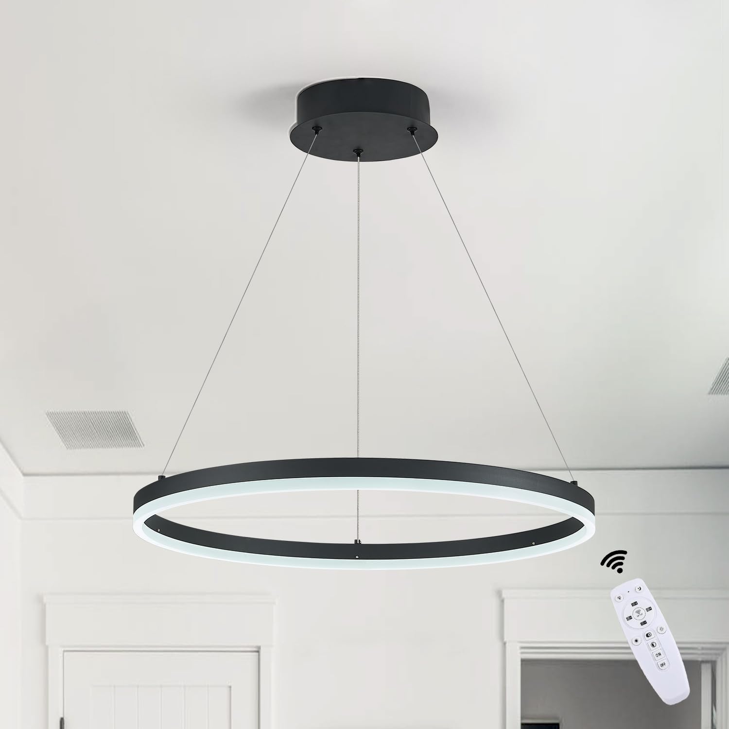 Modern LED Ring Chandelier Black Dimmable Round Chandelier Dinning Room, Hanging Light with Remote Control Circular LED Pendant Light for Kitchen Island Living Room Entryway, 3000K-6500K Black 1 Ring
