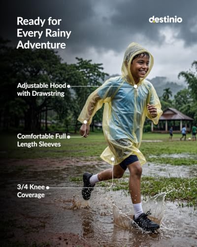 Image of Destinio Raincoat for Kids 6-12 Years, Waterproof Poncho for Kids, Thick PVC Knee Length Raincoat for Boys, Full Sleeve, Hood with Drawstring, Reusable Rain Coat for Girls, School Children