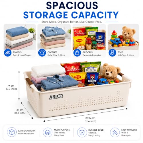 Image of ARICO Elite Crate Plastic Storage Basket with Handles | Multipurpose Organizer Basket for Kitchen, Bathroom, Wardrobe & Toys | Durable Ventilated Storage Tray Off-White (Small)