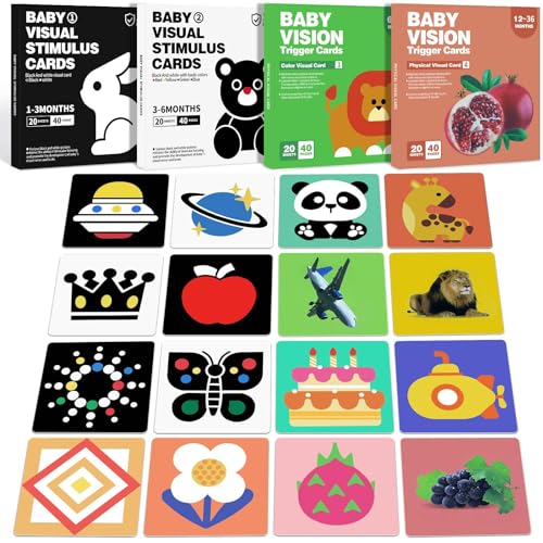 High Contrast Baby Flashcards, 80 Pcs 160 Page Flash Cards for Babies Ages 1-3-6-12-36 Months, Newborn Black White Colorful Visual Stimulation Learning Activity Card, Infant Sensory Develop Toys Gifts