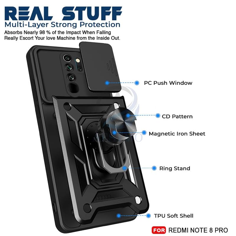 Image of MoreFit Hybrid Shockproof Bumper Defender Cover, Kick Stand Hybrid Desk Stand for Xiaomi Redmi Note 8 Pro - Black Shutter